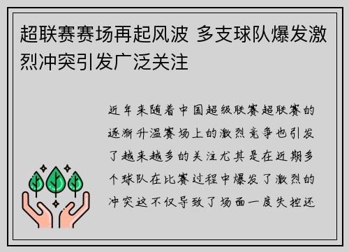 超联赛赛场再起风波 多支球队爆发激烈冲突引发广泛关注