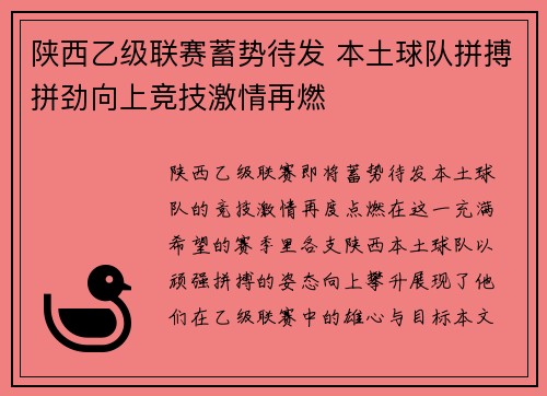 陕西乙级联赛蓄势待发 本土球队拼搏拼劲向上竞技激情再燃