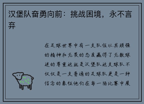 汉堡队奋勇向前：挑战困境，永不言弃