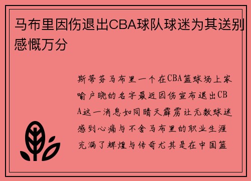 马布里因伤退出CBA球队球迷为其送别感慨万分